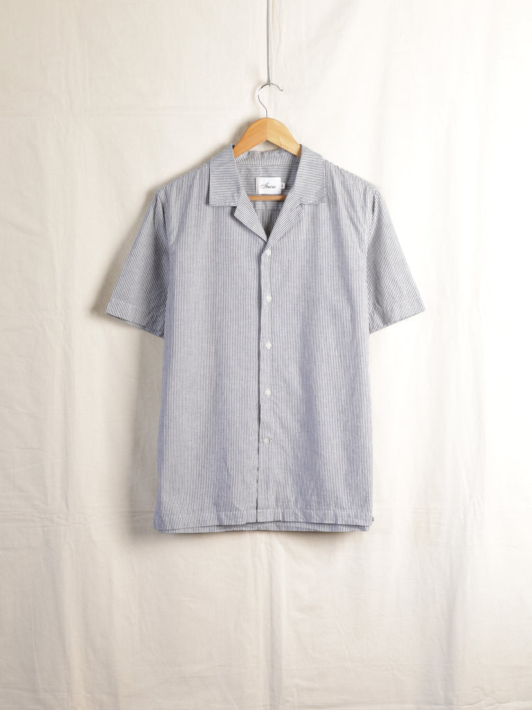 Incu Collection - Cotton/Linen Oxford Stripe Camp Shirt