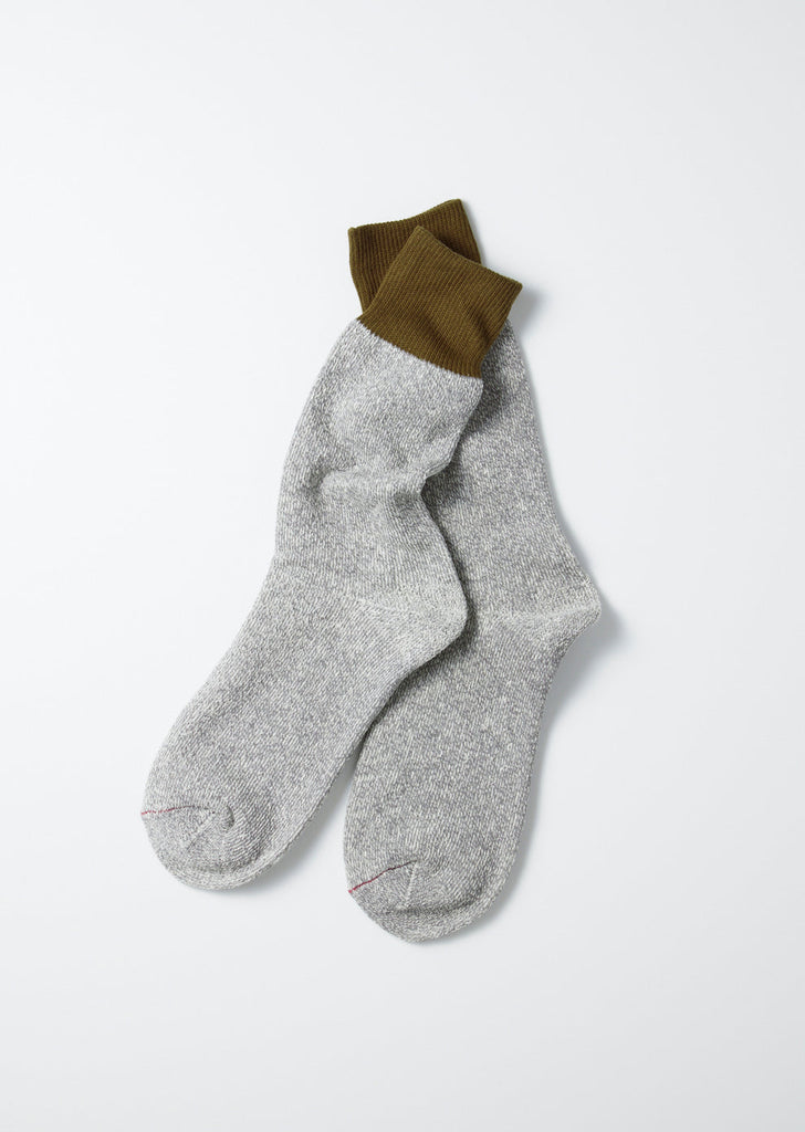 Double Face Crew Socks "Silk & Cotton" - Olive/ Grey