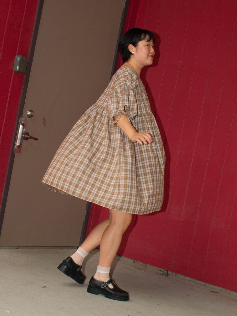 tent dress mini Short Empire Tent Dress - Coffee Plaid